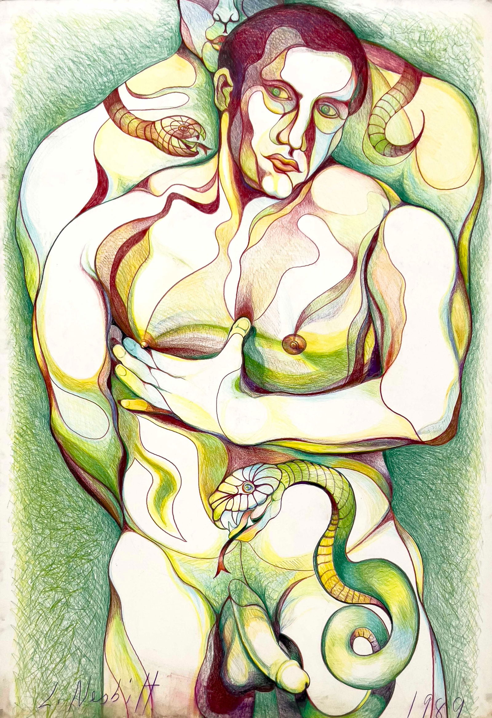 Lowell Nesbitt - Untitled (Men with Snake Tattoos): Lot 124 Lowell Nesbitt American (1933-1993) Untitled (Men with Snake Tattoos) (1989) pastel and colored pencil on Bainbridge illustration board signed lower left 57 1/2 x 40 inches unframed Provenance