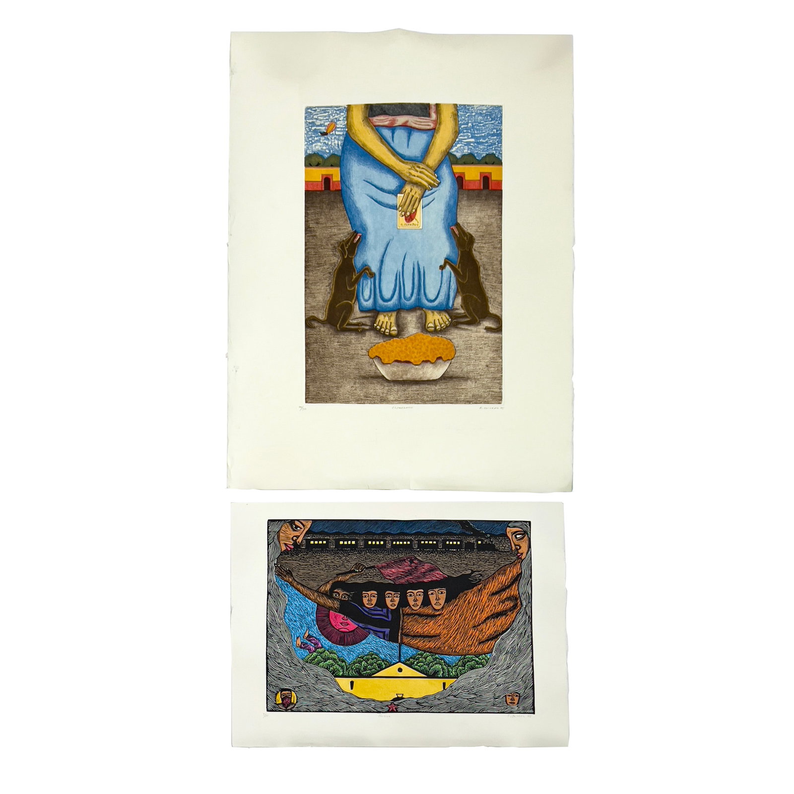 Fernando Olivera - Esperando / Unidad, 2 Editions: Lot 144 Fernando Olivera Mexican (1962-2018) Esperando / Unidad, 2 Editions (1995) etching, woodcut each signed lower right, editioned 20/30 and 4/30 sheet (larger): 30 x 22 inches unframed Provenance