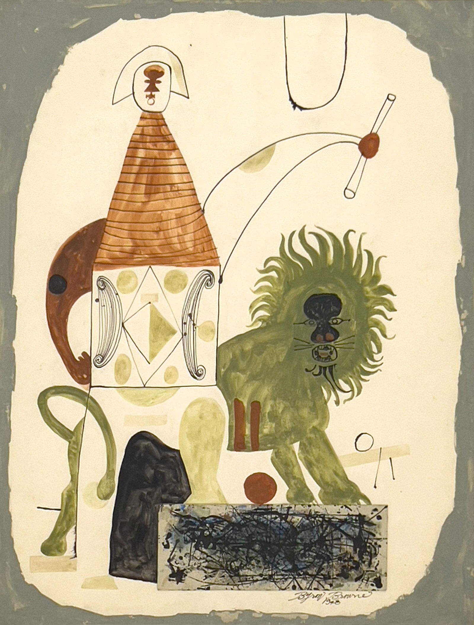 Byron Browne - Untitled (Circus Lion): Lot 84 Byron Browne American (1907-1961) Untitled (Circus Lion) (1948) ink and gouache on paper signed lower right sight: 24 x 18 1/2 inches overall dimensions: 32 3/4 x 27 x 1 inches, wood frame with