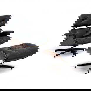 Charles and Ray Eames - Eames Lounge Chair and Ottoman: Lot 130 Charles and Ray Eames American (20th Century) Eames Lounge Chair and Ottoman molded rosewood plywood, leather, enameled aluminum, enameled steel, rubber Comprising lounge chair model 670 and o