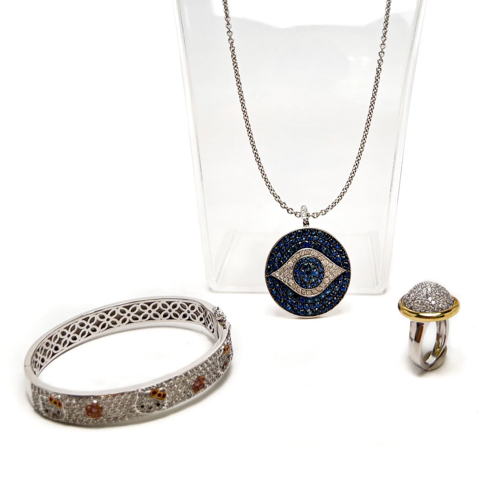 Sonia B Designs and Others - Ring, Necklace, and Bracelet: Lot 257 Sonia B Designs and Others - Ring, Necklace, and Bracelet sterling Sonia B Designs sterling cubic zirconia pavé ring, size 6, Sanrio sterling Hello Kitty pavé bracelet, sterling pav