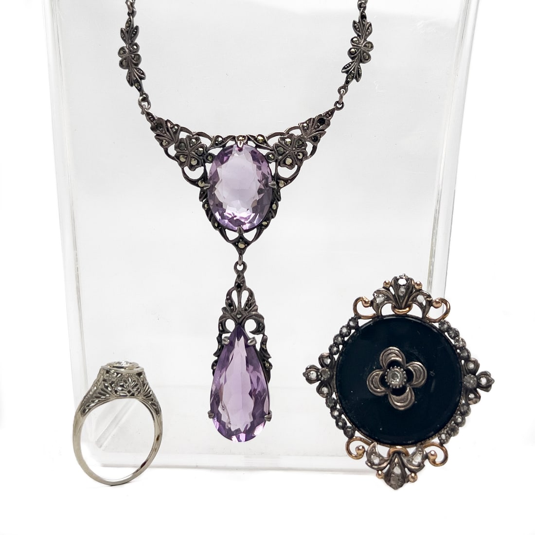 Gold and Diamond Ring, Sterling Silver Amethyst Necklace, and Gold Victorian Onyx Pin (1 of 8)