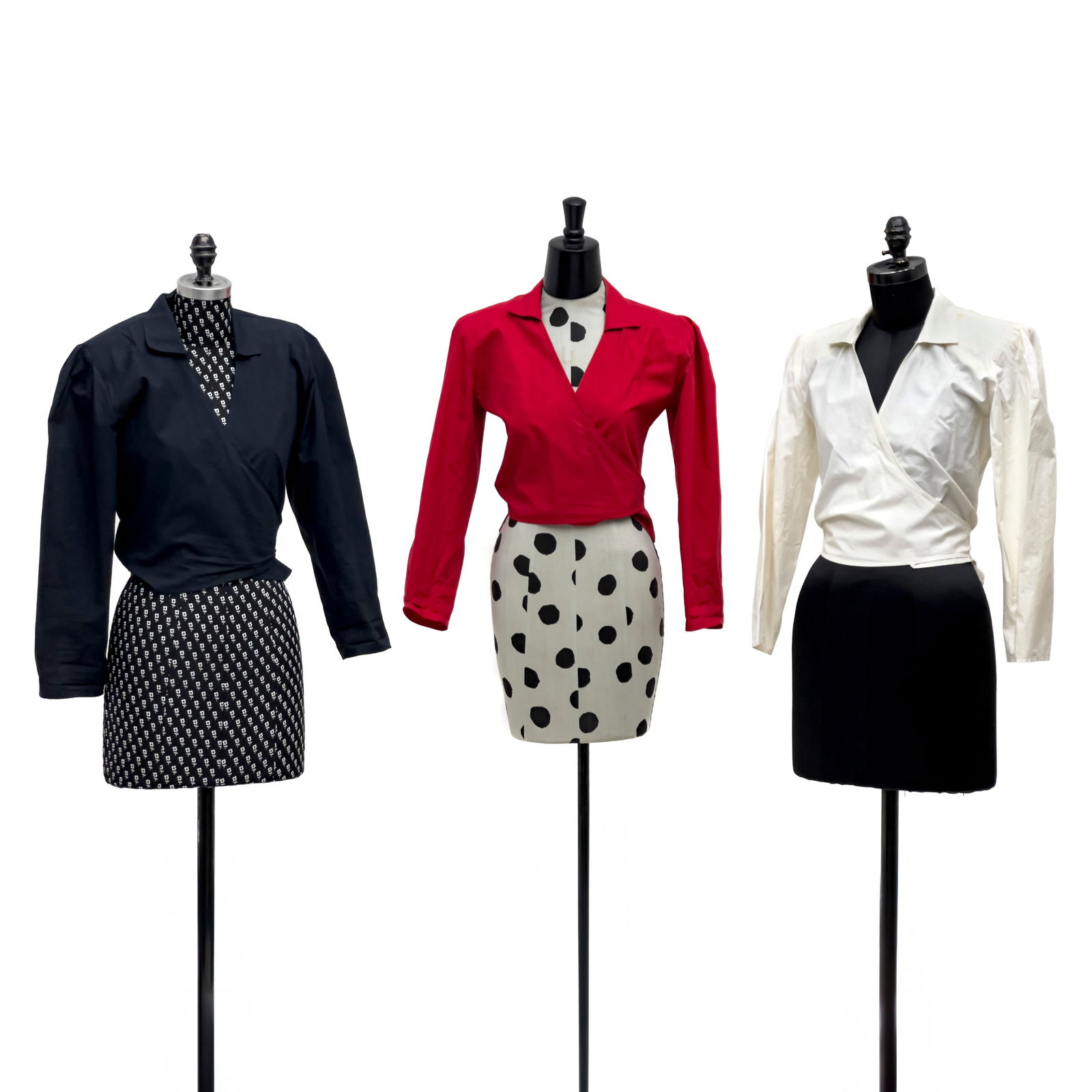 Norma Kamali - Collared Wrap Shirts, Group of 3: Lot 345 Norma Kamali American (b. 1945) Collared Wrap Shirts, Group of 3 Comprising three wrap shirts in red, white, and black, each size small each with label Capsule offers in-house packing & shippi