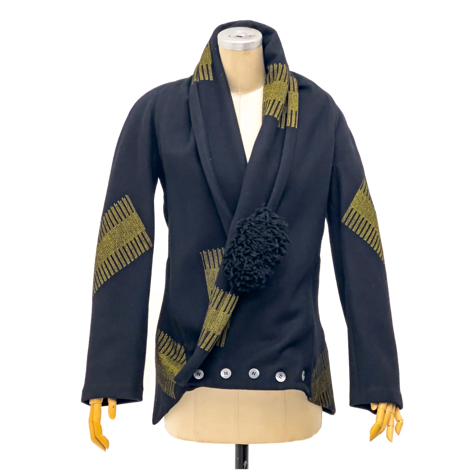 Yohji Yamamoto - Black and Gold Wool Coat: Lot 353 Yohji Yamamoto Japanese (b. 1943) Black and Gold Wool Coat wool, nylon Black and gold wool coat, size medium, 90% wool 10% nylon with label Capsule offers in-house packing & shipping for fashi