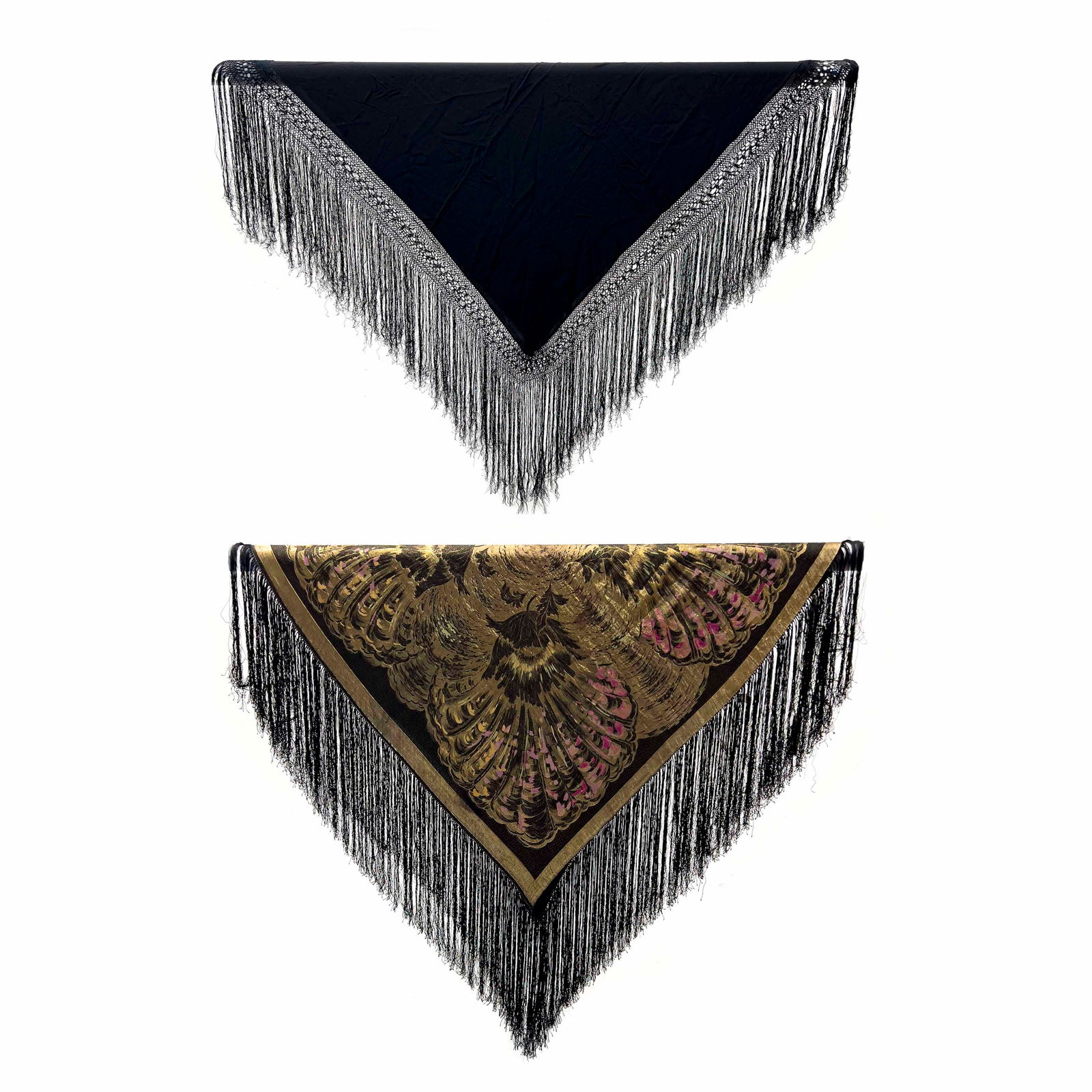 Lamé and Silk Shawls: Lot 392 Lamé and Silk Shawls silk, lamé Comprising black silk and gold lame Art Deco floral motif shawl with chain fringe, and black silk shawl with chain fringe largest: 52 x 52 inches Cap