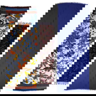 Loro Piana - Cashmere Scarves, Group of 3: Lot 413 Loro Piana Italian Manufacturer (Founded 1924) Cashmere Scarves, Group of 3 cashmere, silk Comprising a large blue 70% cashmere, 30% silk scarf small pink floral scarf large floral 70% cashmer