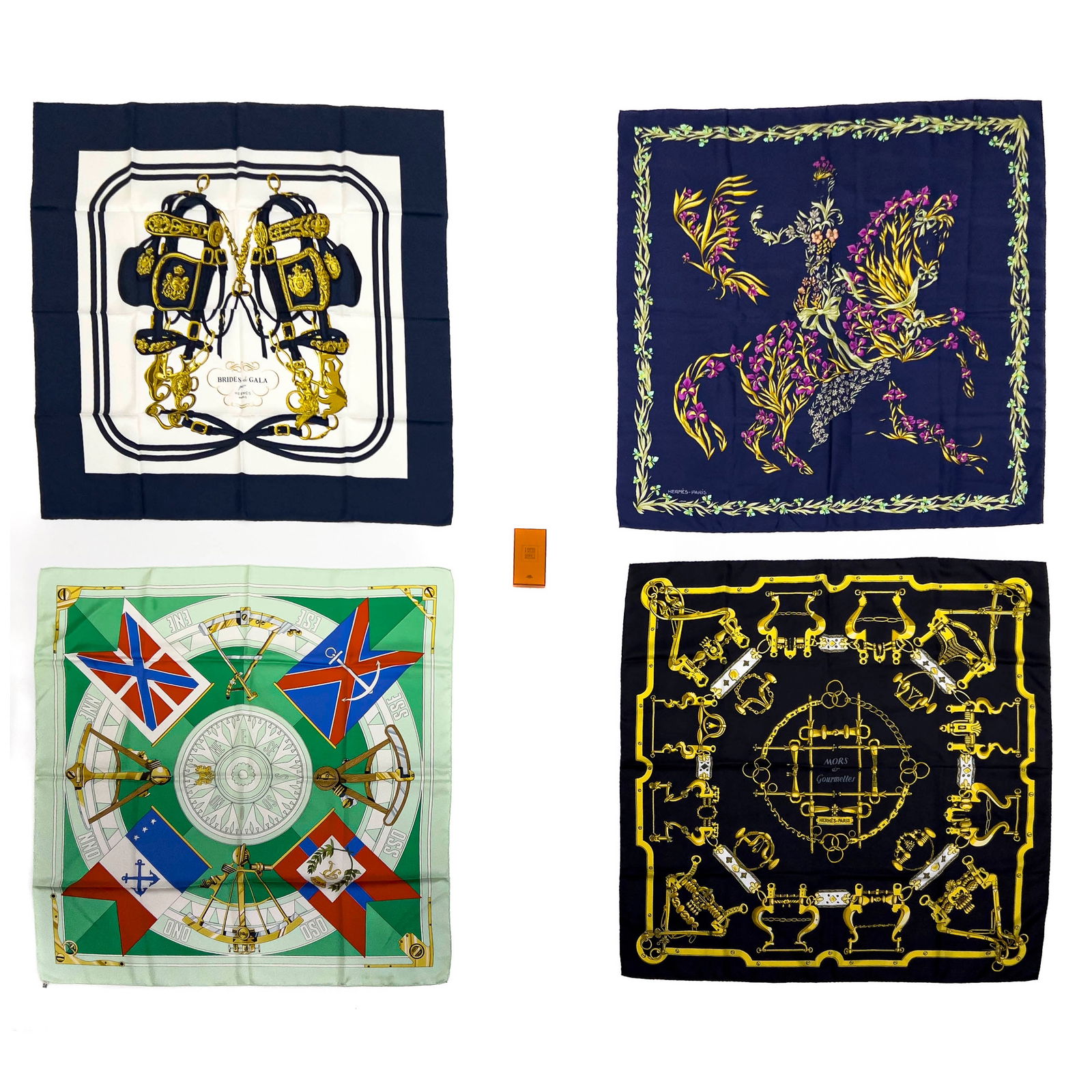 Hermès - Silk Scarves, Group of 4: Lot 418 Hermès French Manufacturer (Founded 1837) Silk Scarves, Group of 4 silk Comprising Sextants, Brides de Gala, Cheval Fleuri, Plisse Mors Et Gourmettes, with a box of unopened knotting cards ea