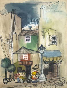 Unknown Artist - Street Scene: Lot 8 Unknown Artist (XX/XXI) Street Scene (1950) watercolor on paper Watercolor painting of a street scene signed lower right sight: 24 x 18 1/2 inches overall dimensions: 30 3/4 x 24 1/2 x 1 inches,