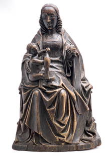 Madonna and Child, Continental Solid Wood  Carving: Lot 21  Madonna and Child, Continental Solid Wood Carving wood Carved wood group of the Madonna and Child, She is holding a pine cone and he a goldfinch. 27 3/4 x 17 x 6 inches Provenance: The Estate