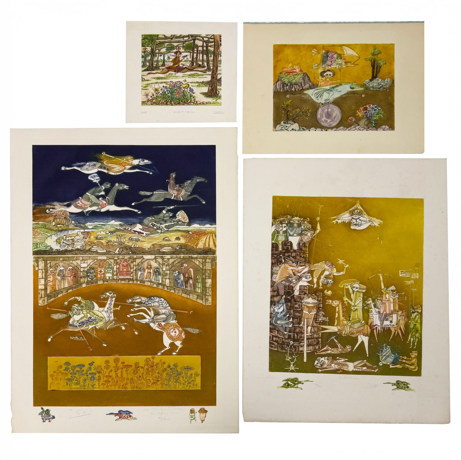 Guillermo Silva Santamaria - Figures and Warriors on Horseback, 4 Editions: Lot 49 Guillermo Silva Santamaria Colombian (1921-2007) Figures and Warriors on Horseback, 4 Editions etching Comprising Galope en el Bosque, La Fortaleza, Los Cuatro Jinetes del Apocalipsis, and Unti