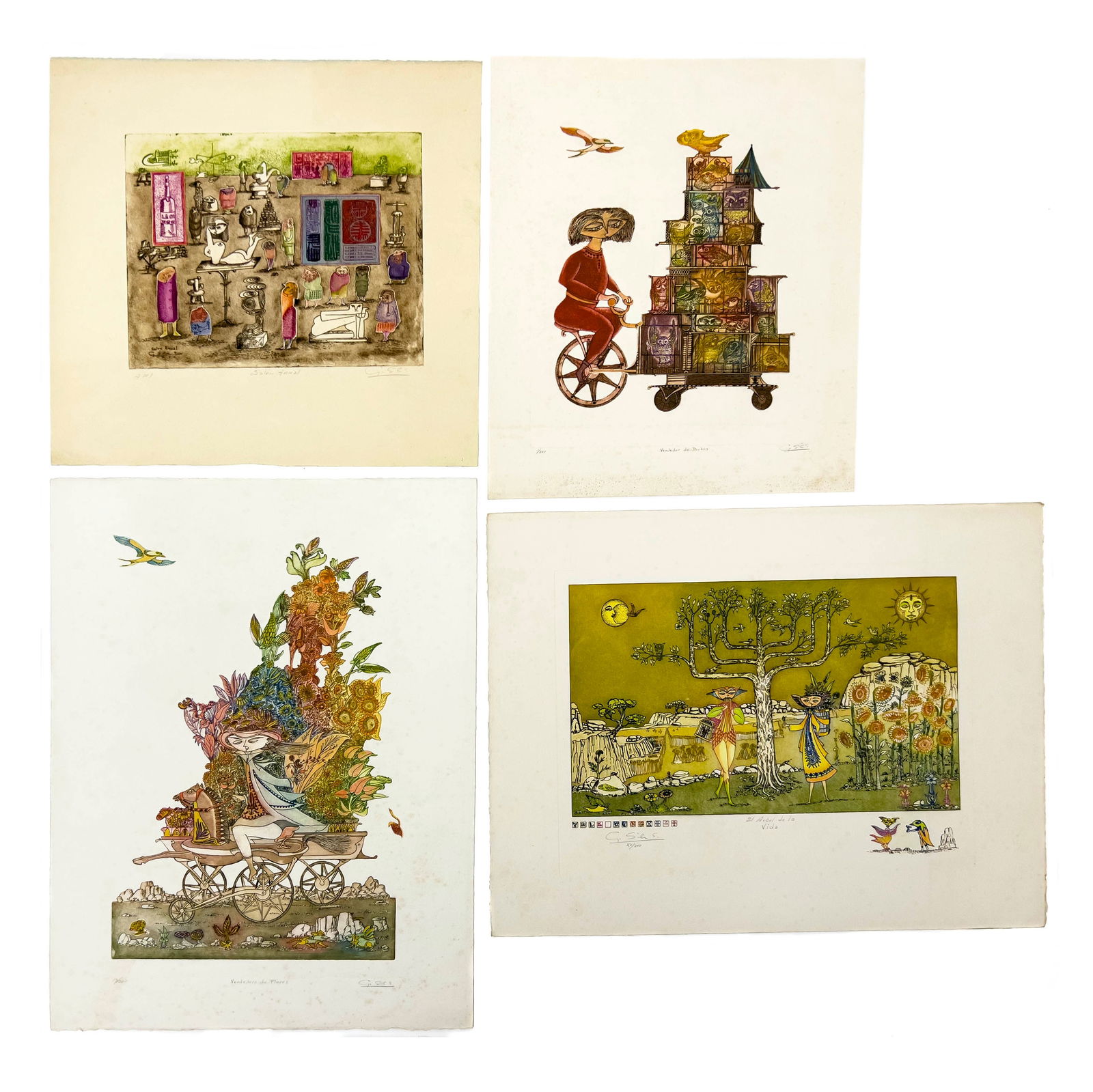 Guillermo Silva Santamaria - Figures, Animals, and Flowers, 4 Editions: Lot 53 Guillermo Silva Santamaria Colombian (1921-2007) Figures, Animals, and Flowers, 4 Editions etching Comprising Salon Anual, Vendedor de Buhos, El Arbol de la Vida, Vendedora de Flores each signe