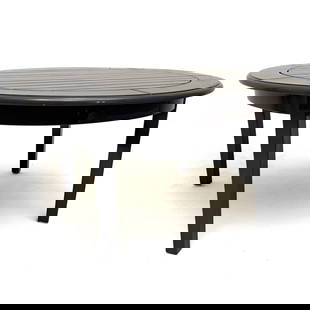 Weatherend - Large Round Outdoor Table: Lot 98 Weatherend Large Round Outdoor Table Yacht Finish on wood, glass with optional glass top with manufacturer's label to side 30 1/2 x 59 x 59 inches Provenance: From a Private Pennsylvania Colle