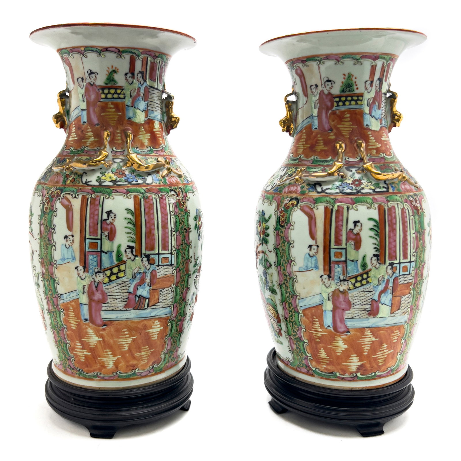 Chinese Famille Rose Vases, Pair: Lot 180 Chinese Famille Rose Vases, Pair porcelain Pair of Famille Rose vases each with wood stand height (each): 13 1/4 inches Provenance: From the Estate of Mr. & Mrs. Robert G. Kleckner, Jr.