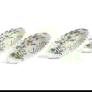 Chinese Famille Rose Plates, Group of 3: Lot 187  Chinese Famille Rose Plates, Group of 3 porcelain comprising three Famille Rose plates with gilt edge and having overglaze decoration of trees and Chinese characters diameter (each): 7 inches