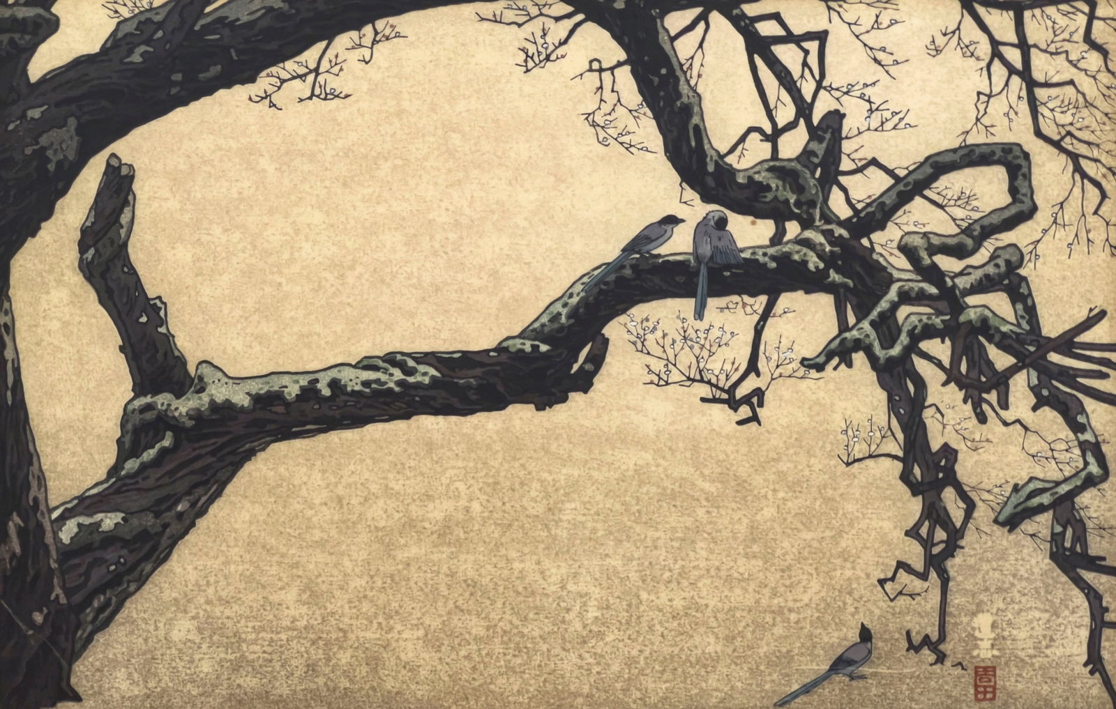 Toshi Yoshida - Plum Tree and Blue Magpie: Lot 199 Toshi Yoshida Japanese (1911-1995) Plum Tree and Blue Magpie woodcut signed lower right sight: 10 x 14 3/4 inches overall dimensions: 16 3/4 x 22 3/4 x 3/4 inches, wood frame with glazing Prov