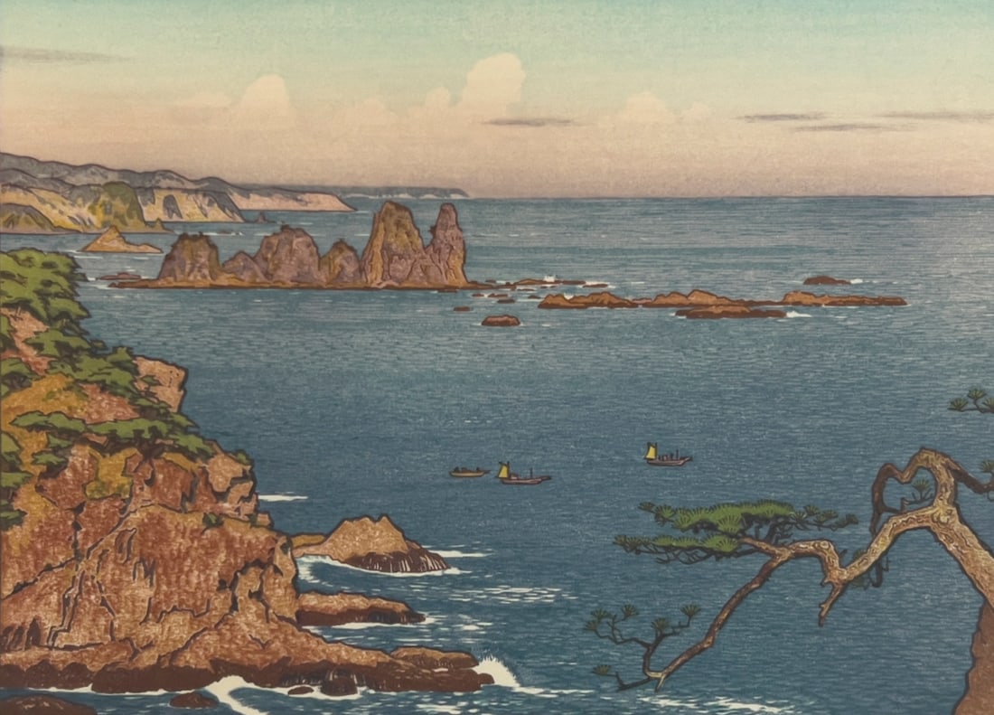 Toshi Yoshida - Irozaki Afternoon: Lot 222 Toshi Yoshida Japanese (1911-1995) Irozaki Afternoon woodcut signed lower right sight: 10 1/2 x 14 inches overall dimensions: 16 1/2 x 20 x 1/2 inches, wood frame with glazing Provenance: From