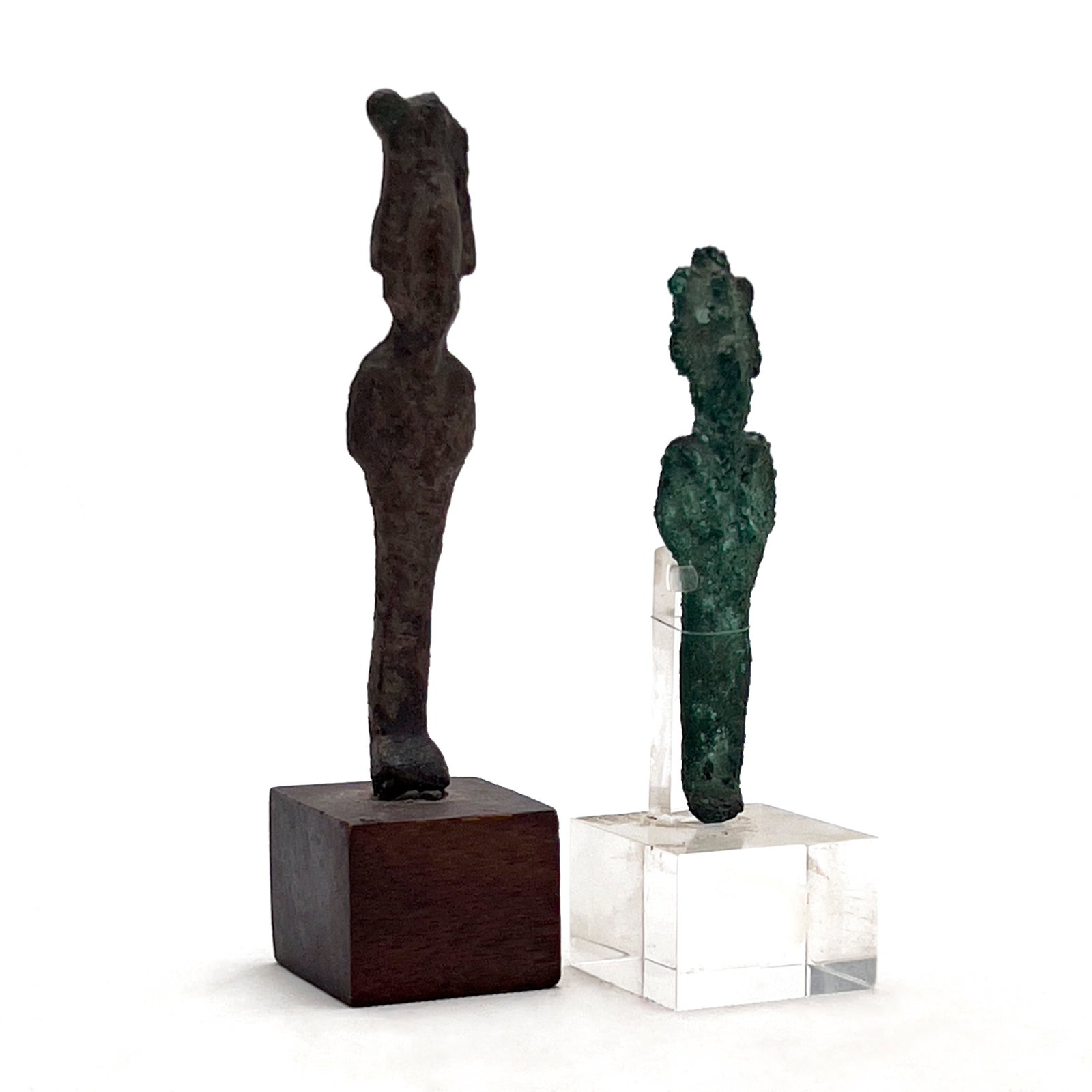 Ancient Bronze Osiris Figures, Group of 2: Lot 38 Ancient Bronze Osiris Figures, Group of 2 bronze Cast bronze figures of god Osiris in mummiform with a braided divine beard, wearing atef-crown, arms folded across the chest holding a crook and