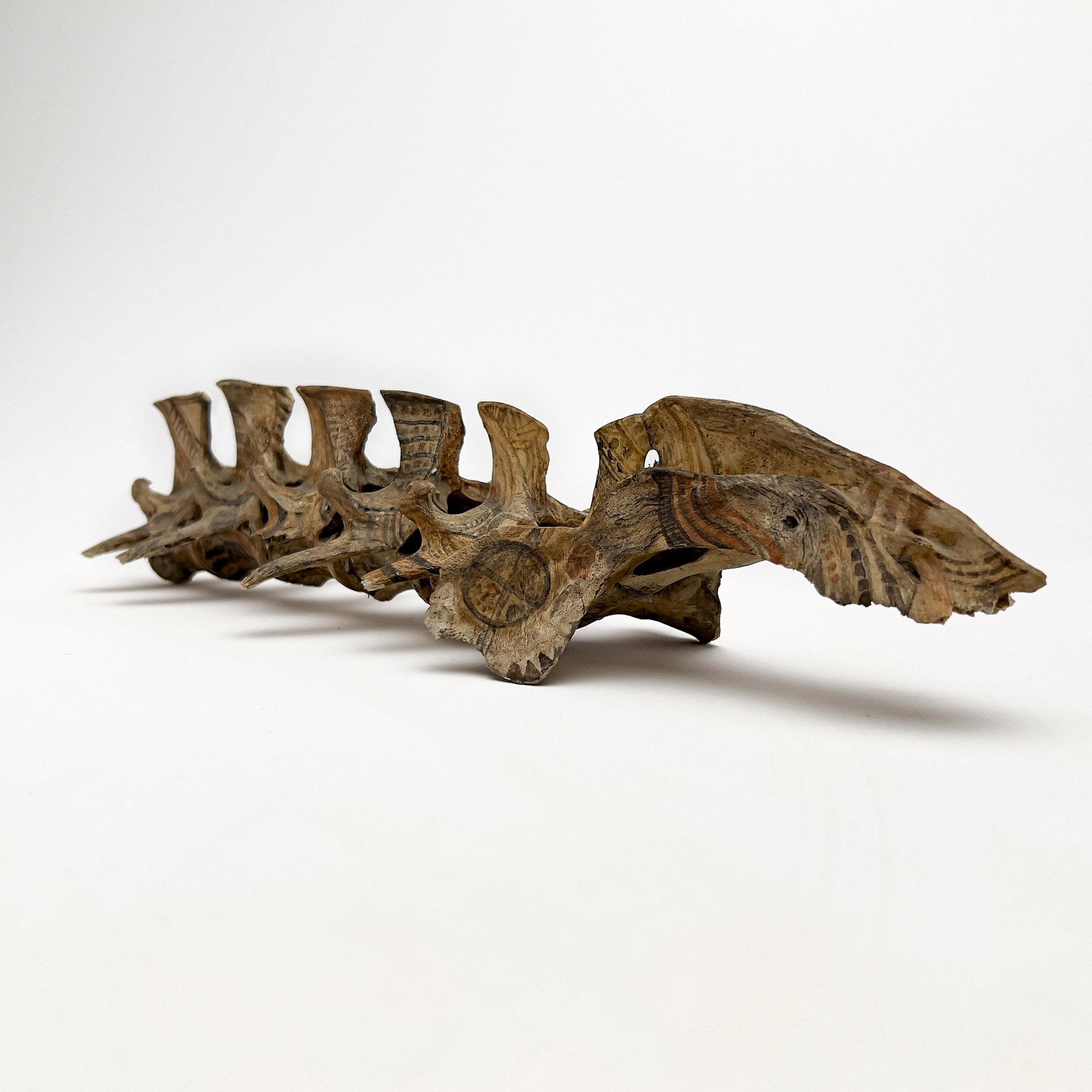 Tribal Painted Vertebrae: Lot 43 Tribal Painted Vertebrae natural pigment on bone Length: 13 1/2 inches Provenance: From a Private Collection