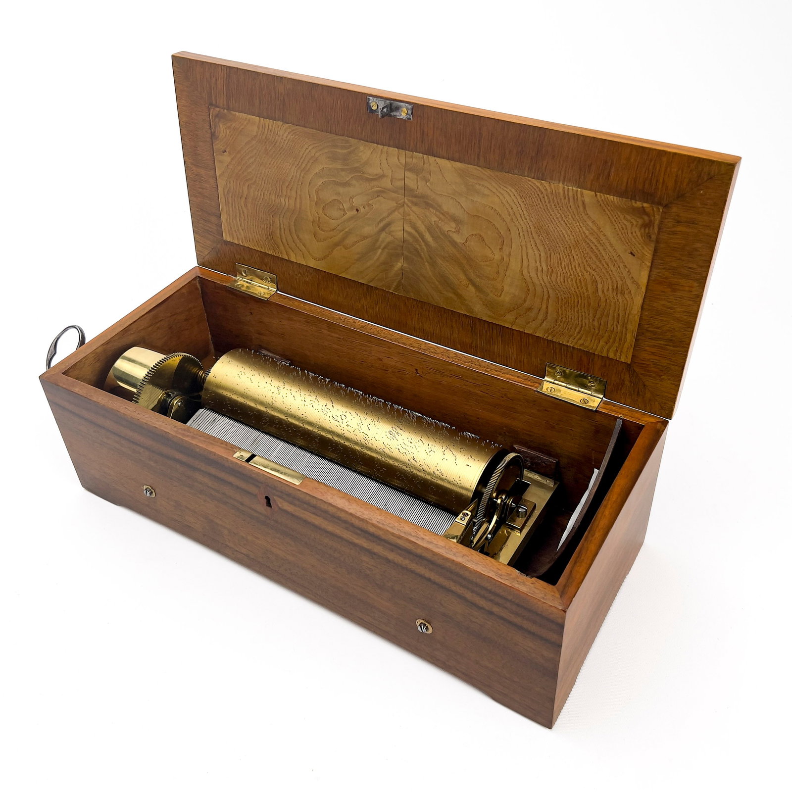 Swiss Music Box: Lot 96 Swiss Music Box wood, mechanisms Plays 3 Songs 5 1/4 x 17 3/4 x 6 1/2 inches