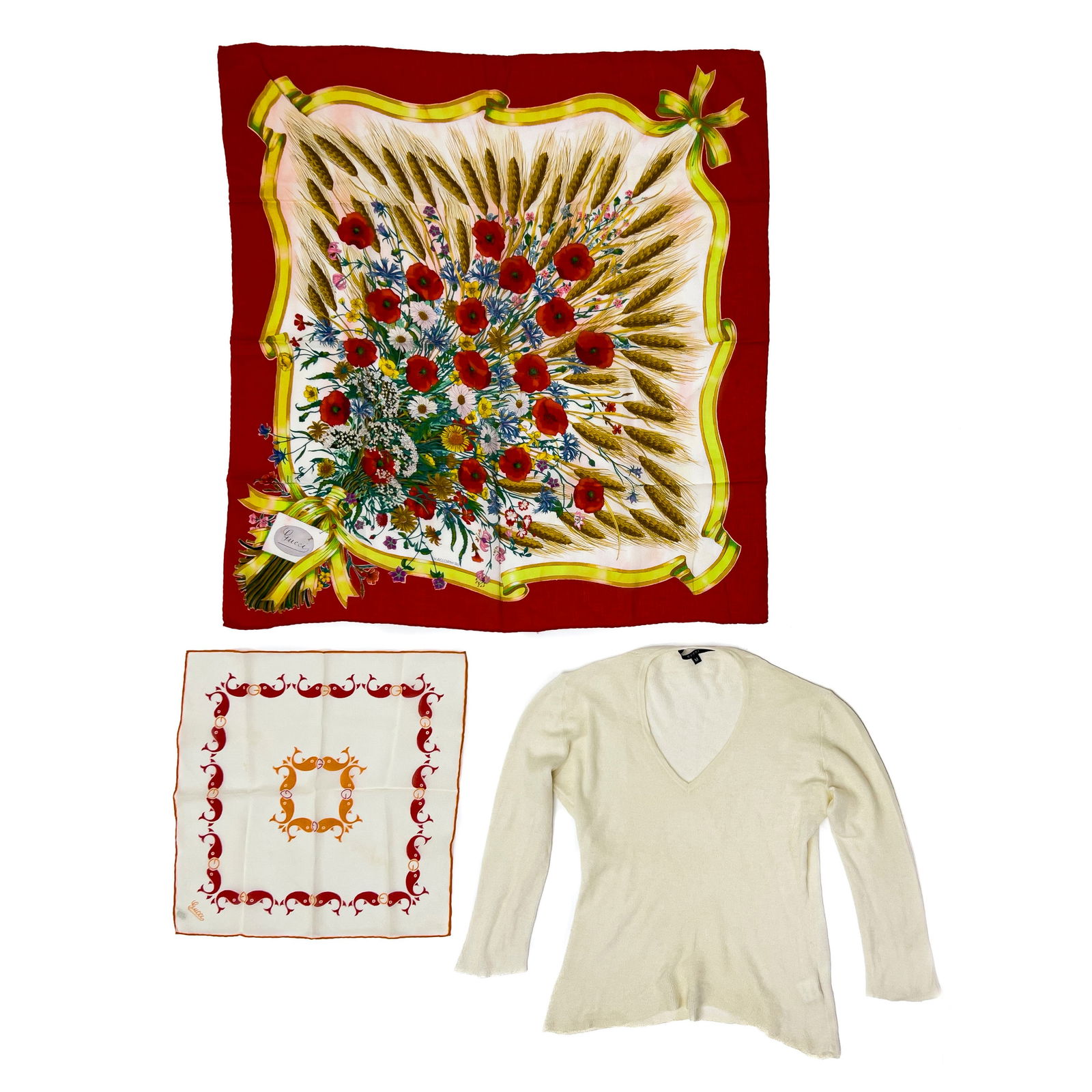 Gucci - Scarf, Pocket Square, and Sweater: Lot 177 Gucci Italian Manufacturer (Founded 1921) Scarf, Pocket Square, and Sweater cashmere, cotton Comprising a cotton pocket square and scarf, and a medium white cashmere sweater sweater with label