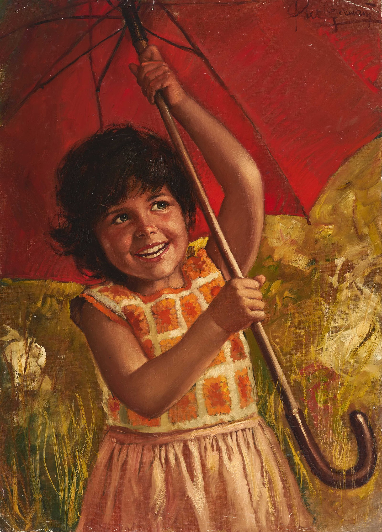 Pier Germani - The Red Umbrella: Lot 246 Pier Germani Italian (20th Century) The Red Umbrella oil on canvas (unstretched) signed upper right 28 1/2 x 20 3/4 inches unframed Provenance: Purchased from Arnot Gallery