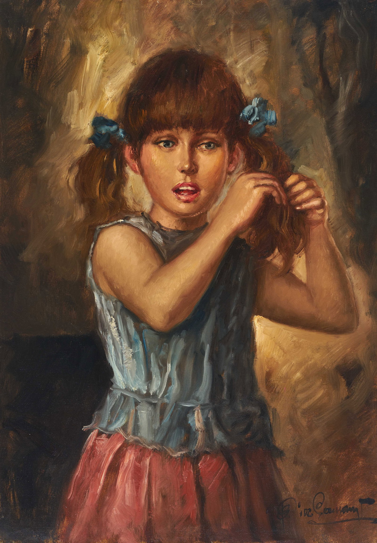 Pier Germani - Pigtails: Lot 253 Pier Germani Italian (20th Century) Pigtails oil on canvas (unstretched) signed lower right 28 5/8 x 20 3/4 inches unframed Provenance: Purchased from Arnot Gallery