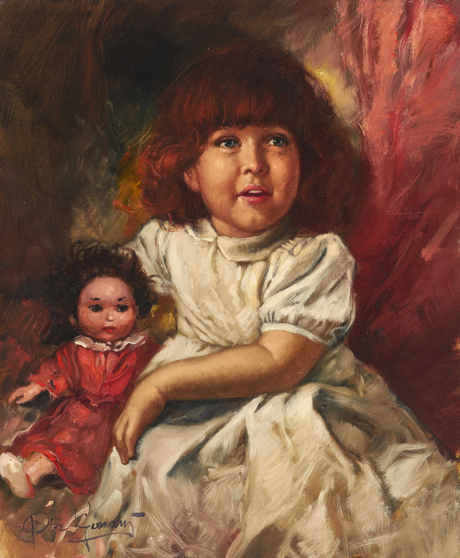Pier Germani - My Red Doll: Lot 256 Pier Germani Italian (20th Century) My Red Doll oil on canvas (unstretched) signed lower left 24 3/4 x 20 3/4 inches unframed Provenance: Purchased from Arnot Gallery