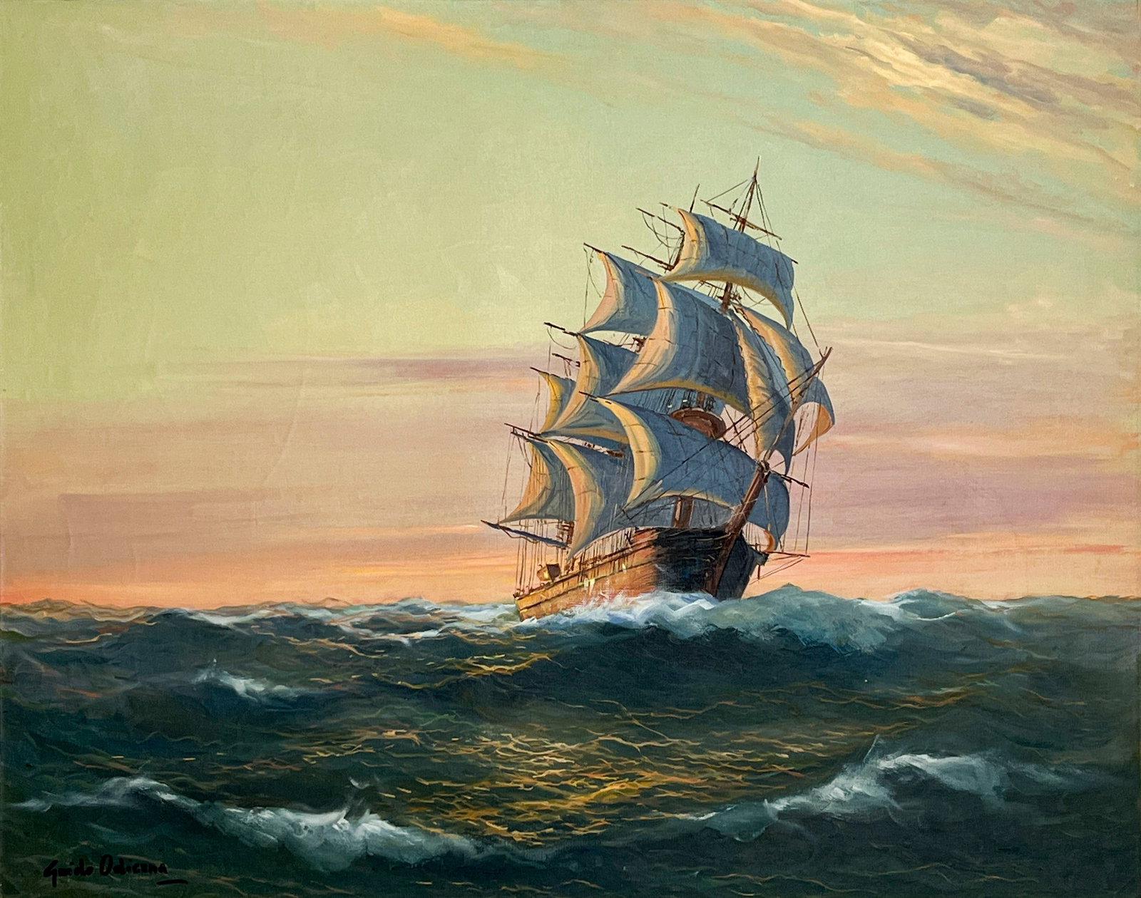 Guido Odierna - Ship: Lot 261 Guido Odierna Italian (1913-1991) Ship oil on canvas (unstretched) signed lower left 24 x 30 inches unframed Provenance: Purchased from Arnot Gallery