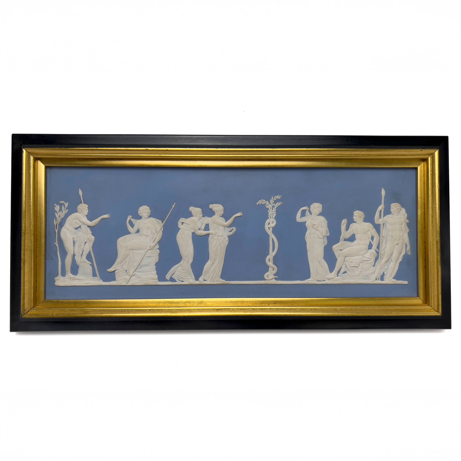 Wedgwood - Hercules in the Garden of the Hesperides: Lot 283 Wedgwood English Manufacturer (Founded 1759) Hercules in the Garden of the Hesperides (1966) Blue Jasperware Manufacturer's stamp to verso Sight: 5 1/2 x 15 3/8 inches Wood frame,,Dimensions: 