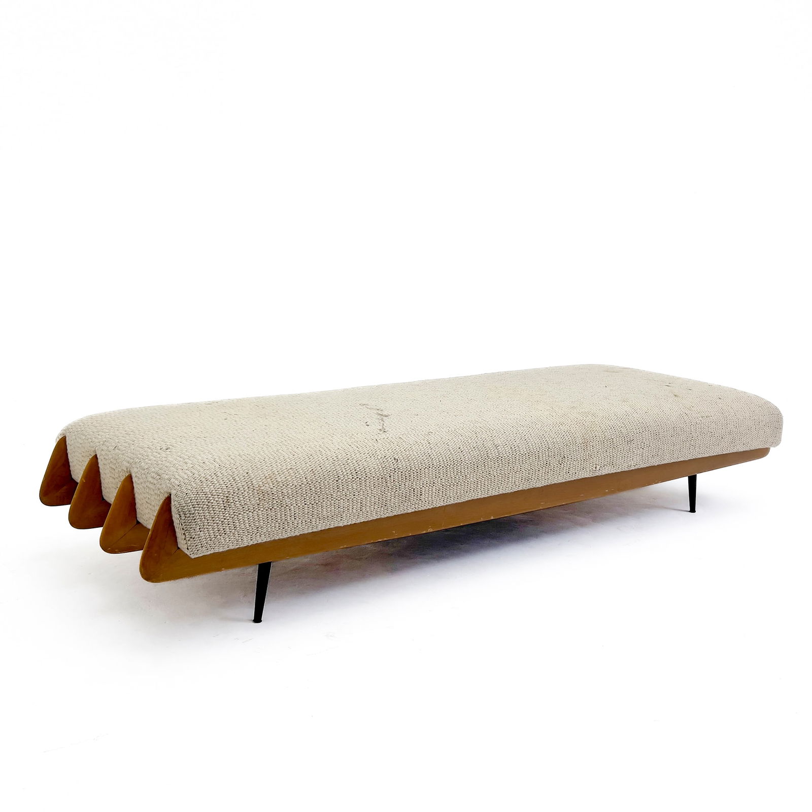 T. H. Robsjohn-Gibbings (Attributed) - Daybed: Lot 182 T. H. Robsjohn-Gibbings(Attributed) British (1903-1976) Daybed (circa 1958) wood, upholstery a vintage day bed set on a blonde wood frame raised on black metal legs Purchased as T.H. Robsjohn-