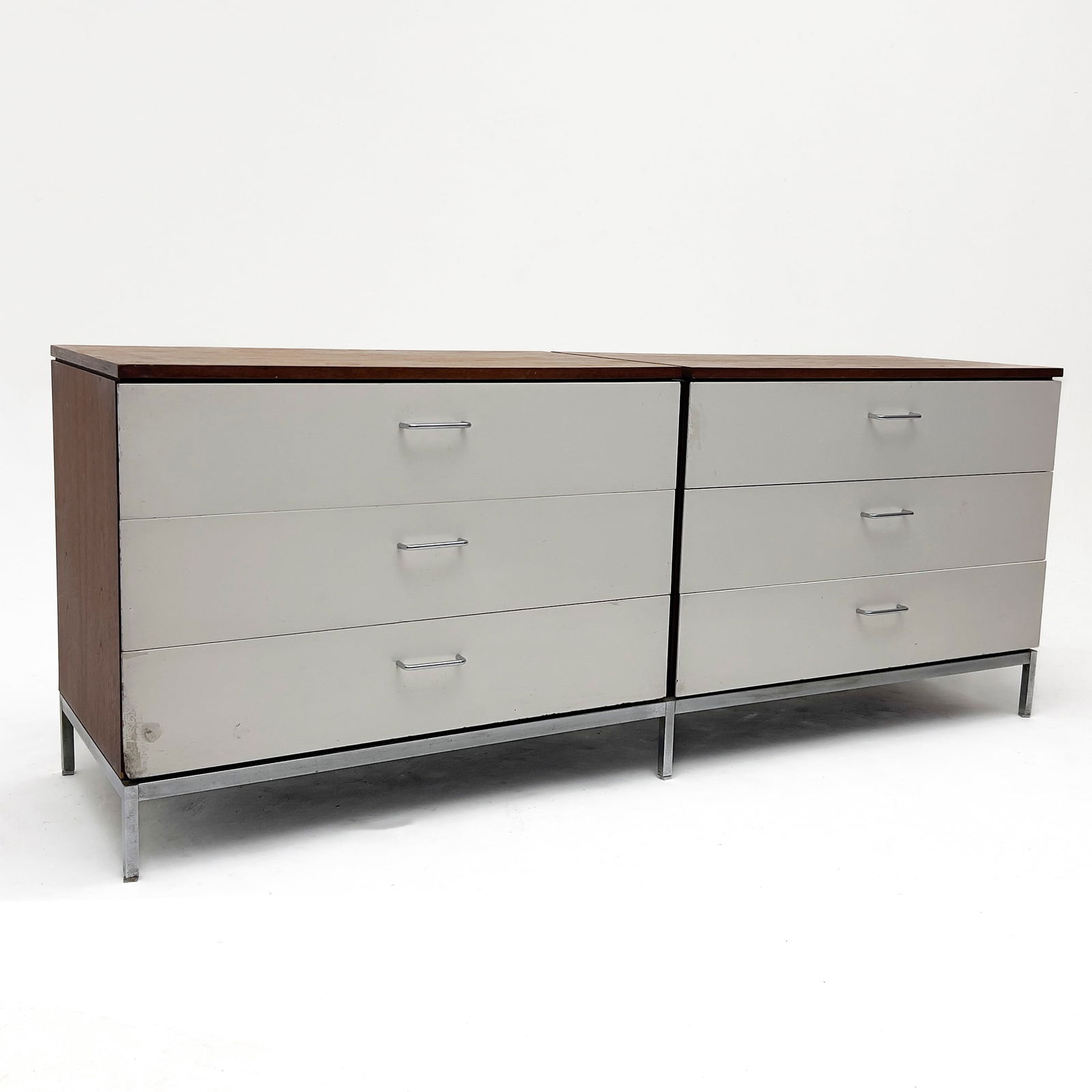 Florence Knoll - Six Drawer Double Dresser for Knoll: Lot 191 Florence Knoll American (1917-2019) Six Drawer Double Dresser for Knoll (circa 1965) walnut, nickel plated steel Knoll Associates label underneath 73 x 22 3/4 x 19 1/4 inches Provenance: From
