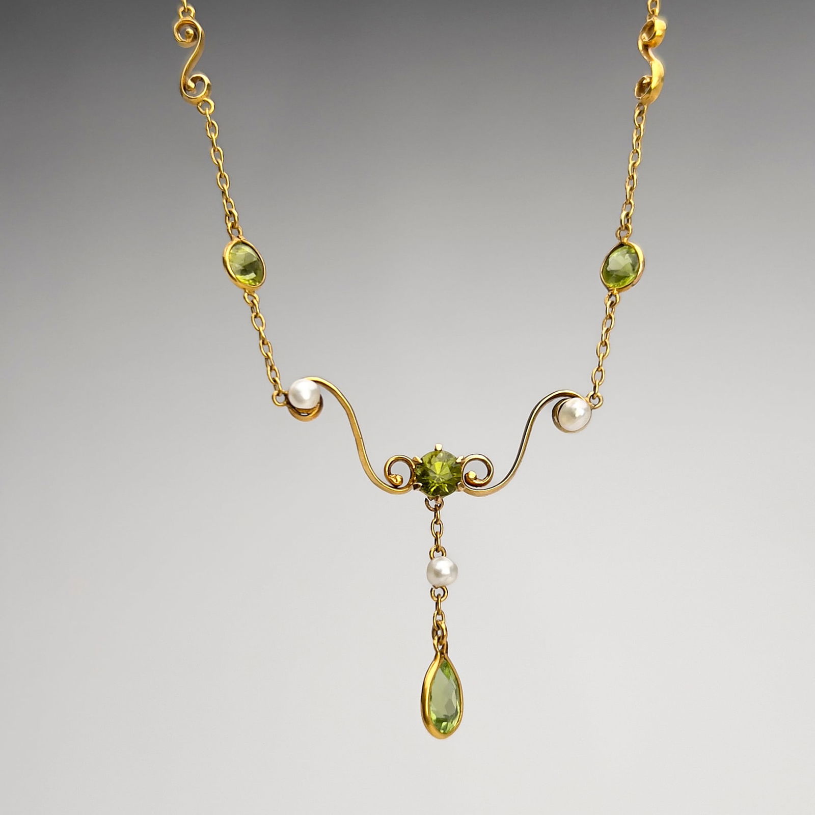Gold, Peridot, and Pearl Lavalier Necklace (1 of 4)