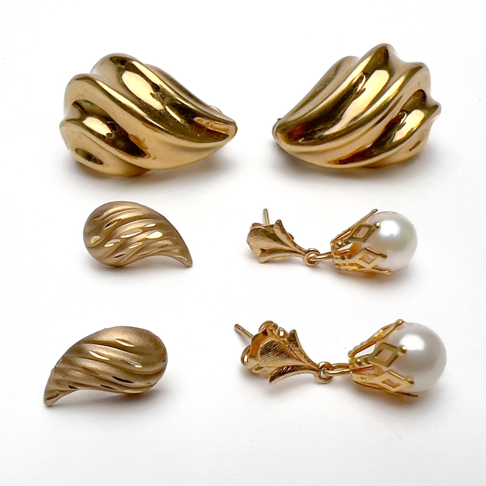 Three Pairs of Gold Earrings, One with Drop Pearls (1 of 2)