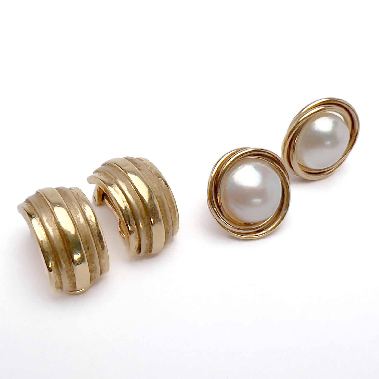 Two Pairs of Gold Earrings, One with Mabe Pearl (1 of 2)