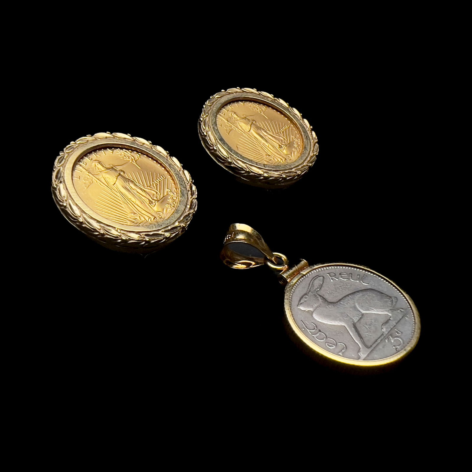 Gold 5 Dollar Walking Liberty Coin Earrings With Irish Threepence Pendant (1 of 3)
