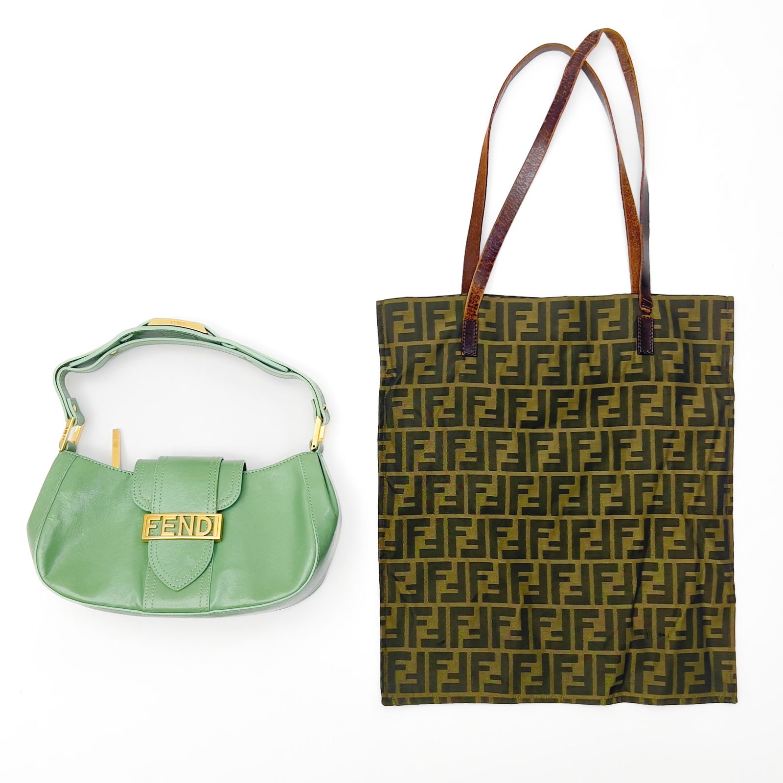 Fendi - Zucca Tote and Baguette Shoulder Bag: Lot 87 Fendi Italian Manufacturer (Est. 1925) Zucca Tote and Baguette Shoulder Bag leather, canvas Fendi Baguette shoulder bag in mint green leather with gold toned hardware and a Zucca canvas tote ba