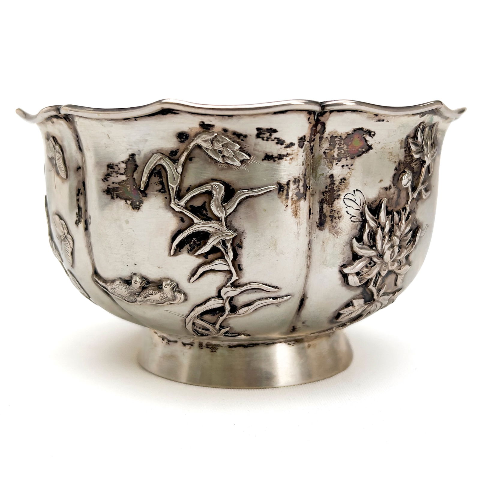 Chinese Silver Decorated Bowl: Lot 134 Chinese Silver Decorated Bowl silver Silver bowl decorated with butterflies, birds, leafy floral motif, with apparent Chinese hallmark total approximate weight: 184 grams diameter: 5 inches