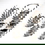 Durham Silver Coffee and Tea Service: Lot 159 Durham Silver Coffee and Tea Service (circa 1955) Sterling silver hollowware set includes kettle with stand, teapot, coffee pot, creamer, as well as two sugar bowls (one with two handles)