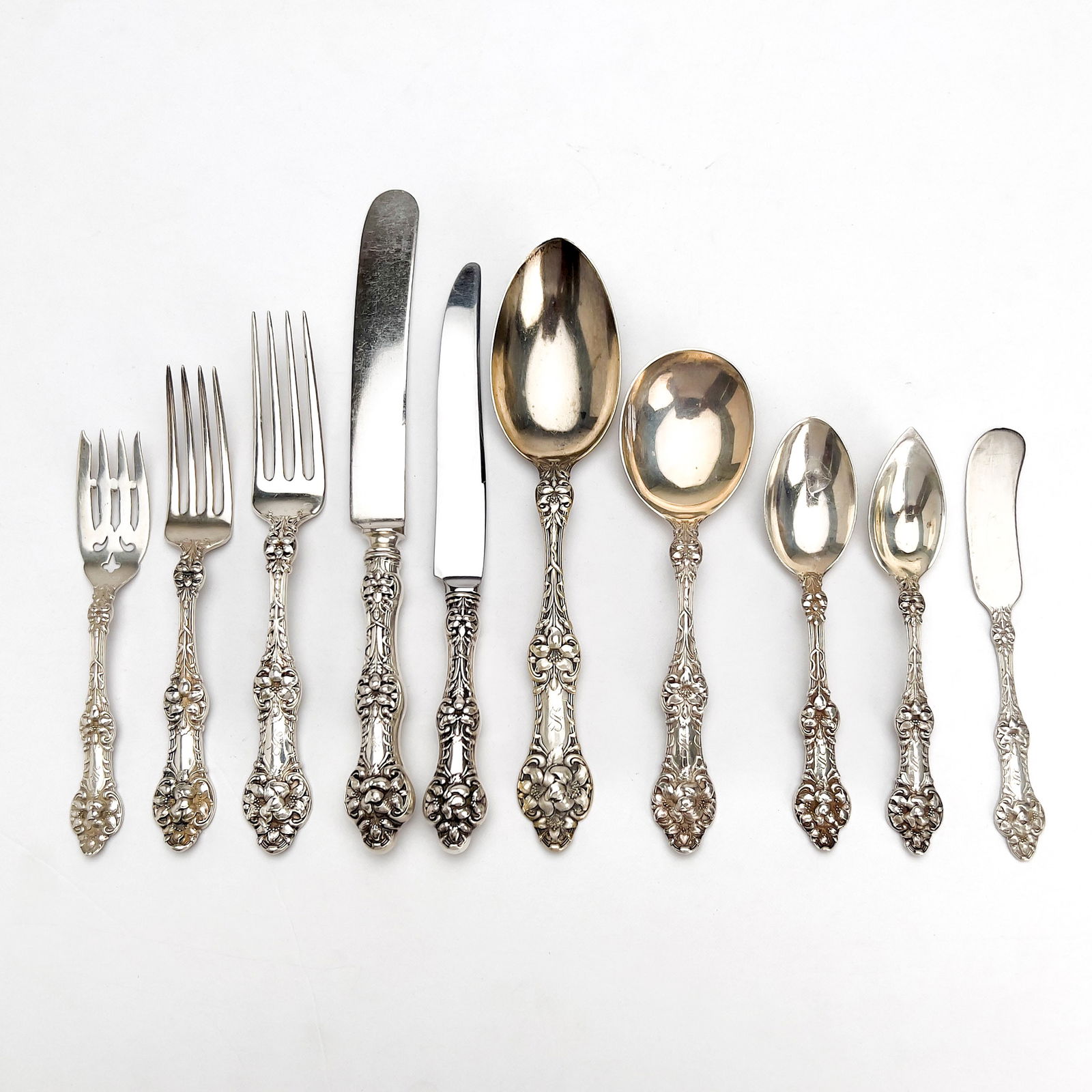 Alvin - Old Orange Blossom Silver Flatware Nearly Complete Service for 12: Lot 166 Alvin American Manufacturer (1886-1928) Old Orange Blossom Silver Flatware Nearly Complete Service for 12 sterling 116 pieces, Alvin Old Orange Blossom sterling silver flatware, nearly