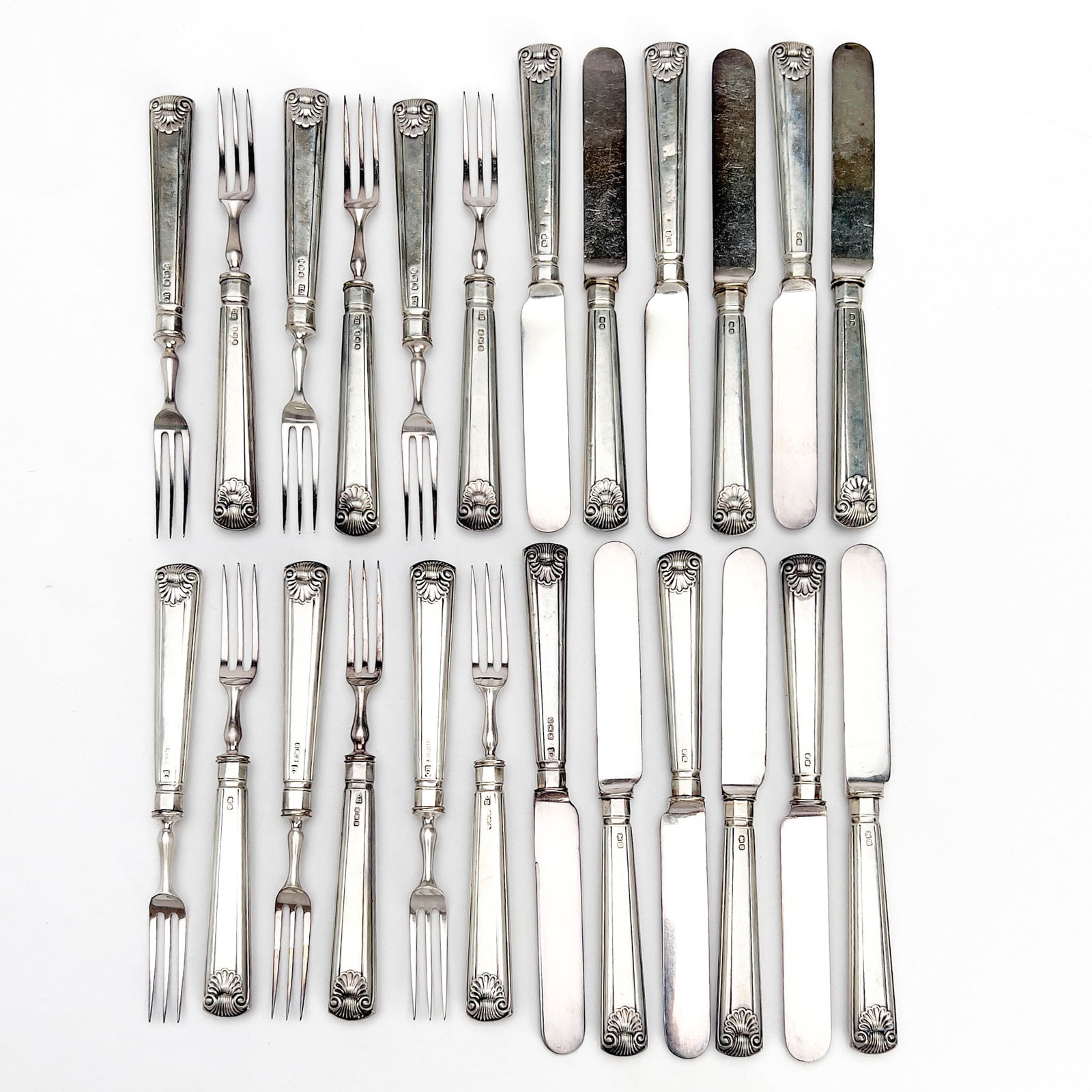 George Hape Silver Fish Set for 12: Lot 170 George Hape Silver Fish Set for 12 (1901) sterling silver Sterling Silver Fish set for 12 with weighted handles, hallmarked, in two (well worn) presentation boxes knife: 6 3/4 inches fork: