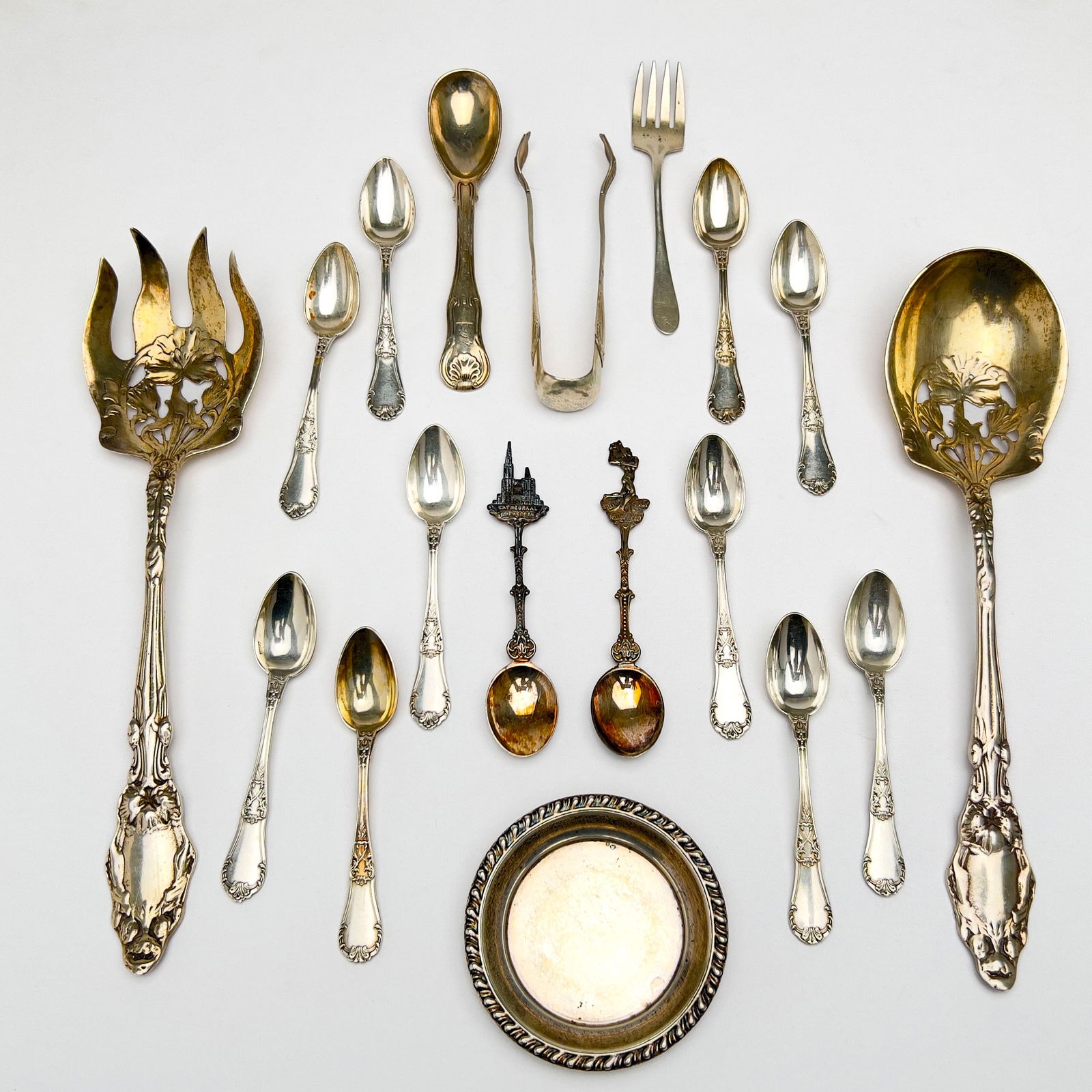 Silver Flatware, Spoons and More, Group of 18: Lot 175 Silver Flatware, Spoons and More, Group of 18 sterling, 800 silver Solid silver group, comprising of a sterling fork, small dish, serving spoon and fork, 3 decorative spoons along with 10