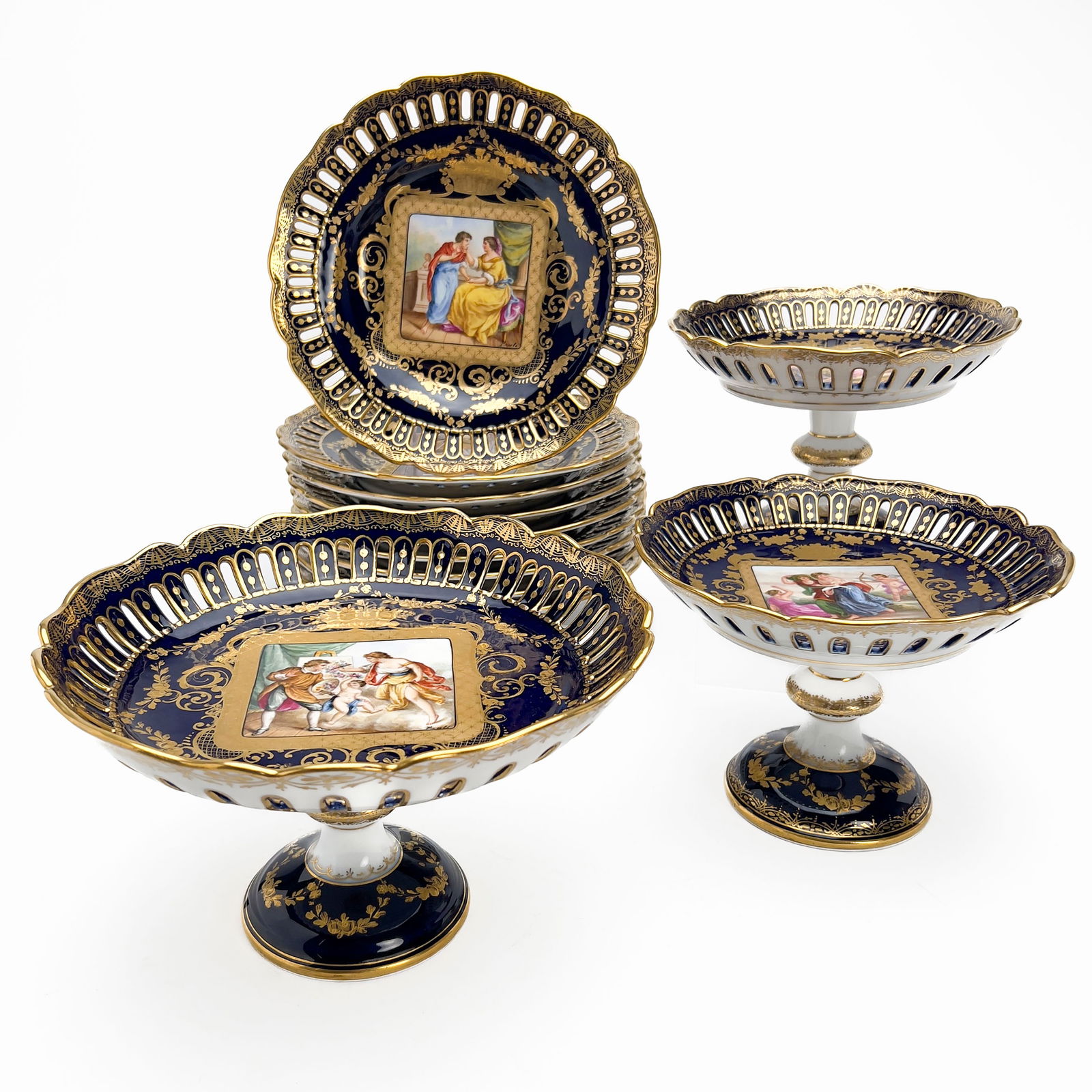 Royal Vienna Reticulated Edge Compote and Plate Set, Group of 12 (1 of 6)