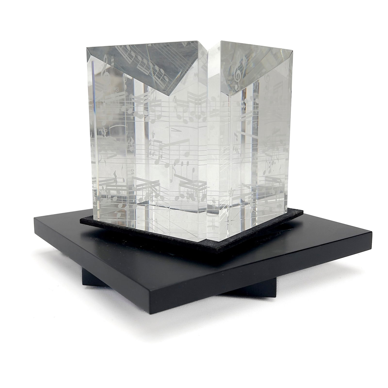 Steuben Glass - Prelude & Fugue Prism Sculpture: Lot 249 Steuben Glass American (20th Century) Prelude & Fugue Prism Sculpture (designed 1993,) crystal Designed by Robert Cassetti. Four solid crystal prisms with notes engraved in a rhythmic sequence