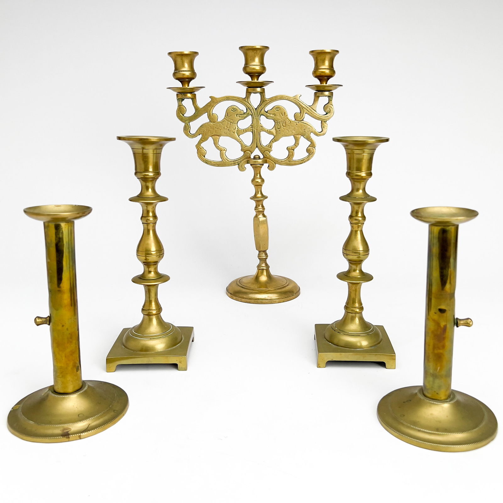 Brass Candlesticks and Candelabra, Group of 5 (1 of 3)