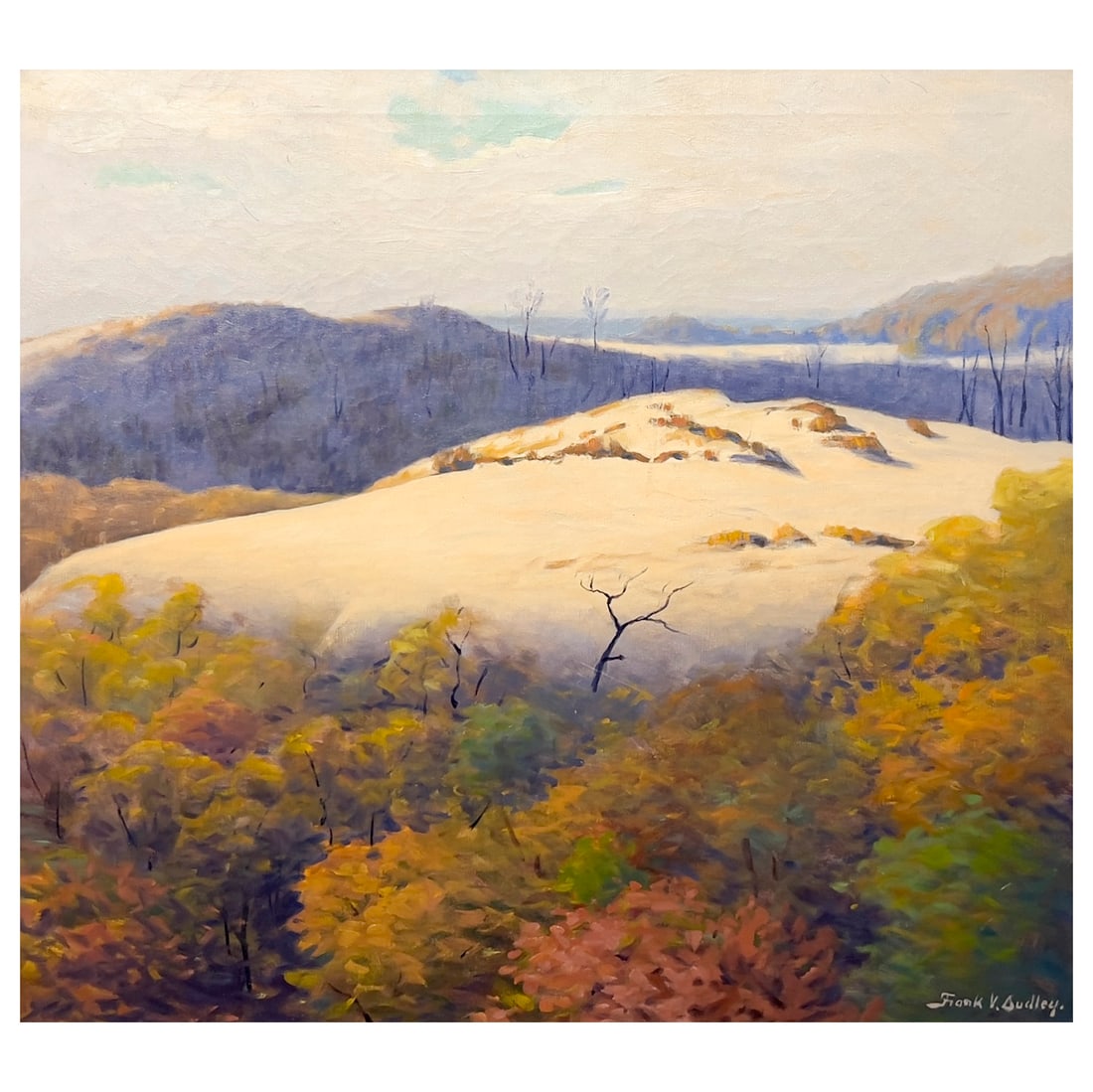 Frank V. Dudley - From a Dune Top (Indiana Dunes): Lot 18 Frank V. Dudley American (1868-1957) From a Dune Top (Indiana Dunes) oil on canvas signed lower right 27 x 30 inches Carved wood frame with a linen slip, overall dimensions: 35 1/4 x 38 1/4 x 2