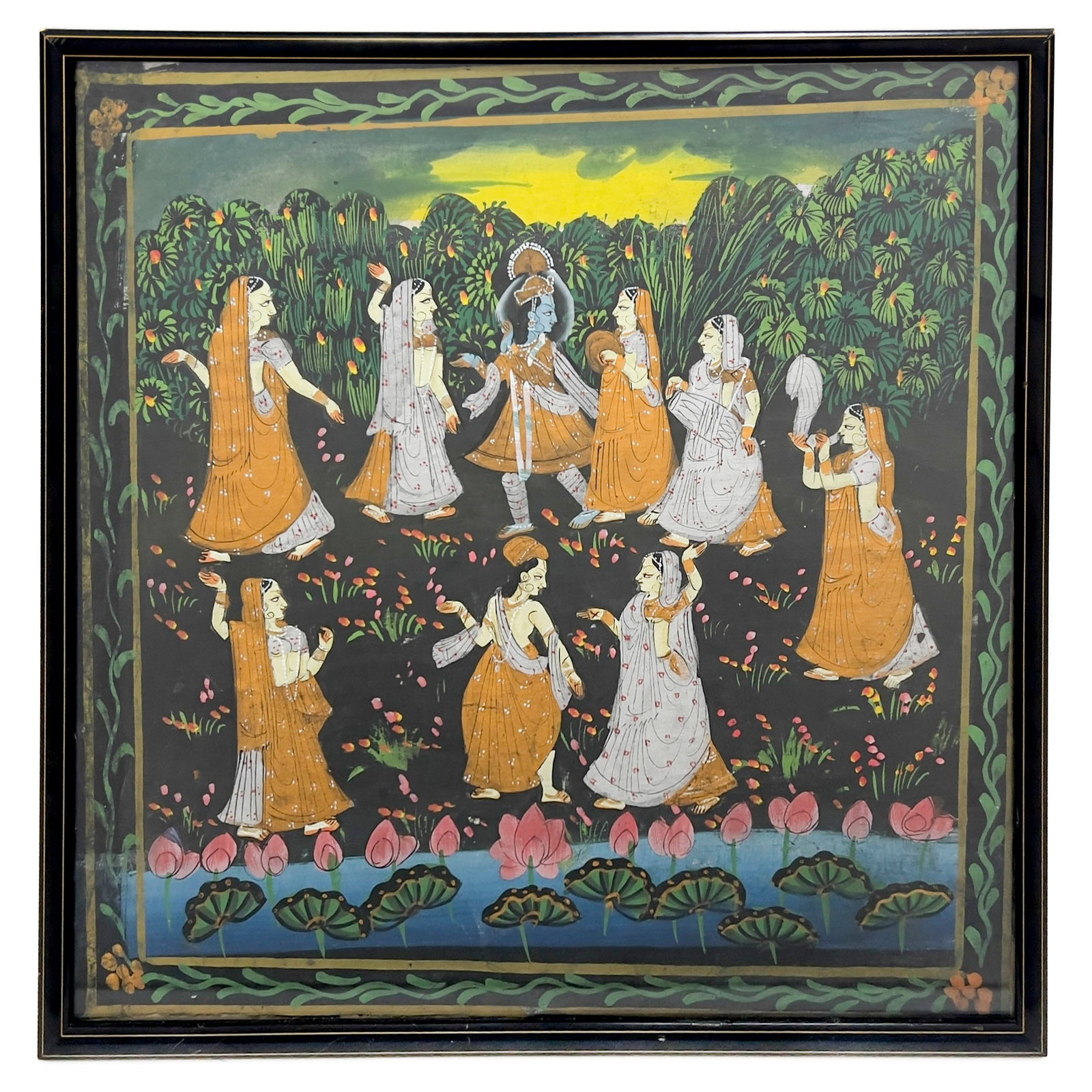 Indian Pichwai Painting of Vishnu and Raas Leela: Lot 27 Indian Pichwai Painting of Vishnu and Raas Leela tempera, pigment, and ink on cloth 22 x 22 1/2 inches lacquered wood frame with glazing, dimensions: 23 1/2 x 23 3/4 x 3/4 inches Provenance: F