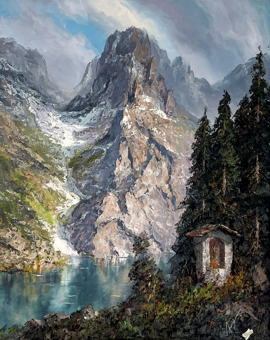 Herbert August Uerpmann - Lake House in the Mountains: Lot 52 Herbert August Uerpmann German (1911-1996) Lake House in the Mountains oil on canvas (unstretched) signed lower right 31 x 27 inches unframed Provenance: Purchased from Arnot Gallery