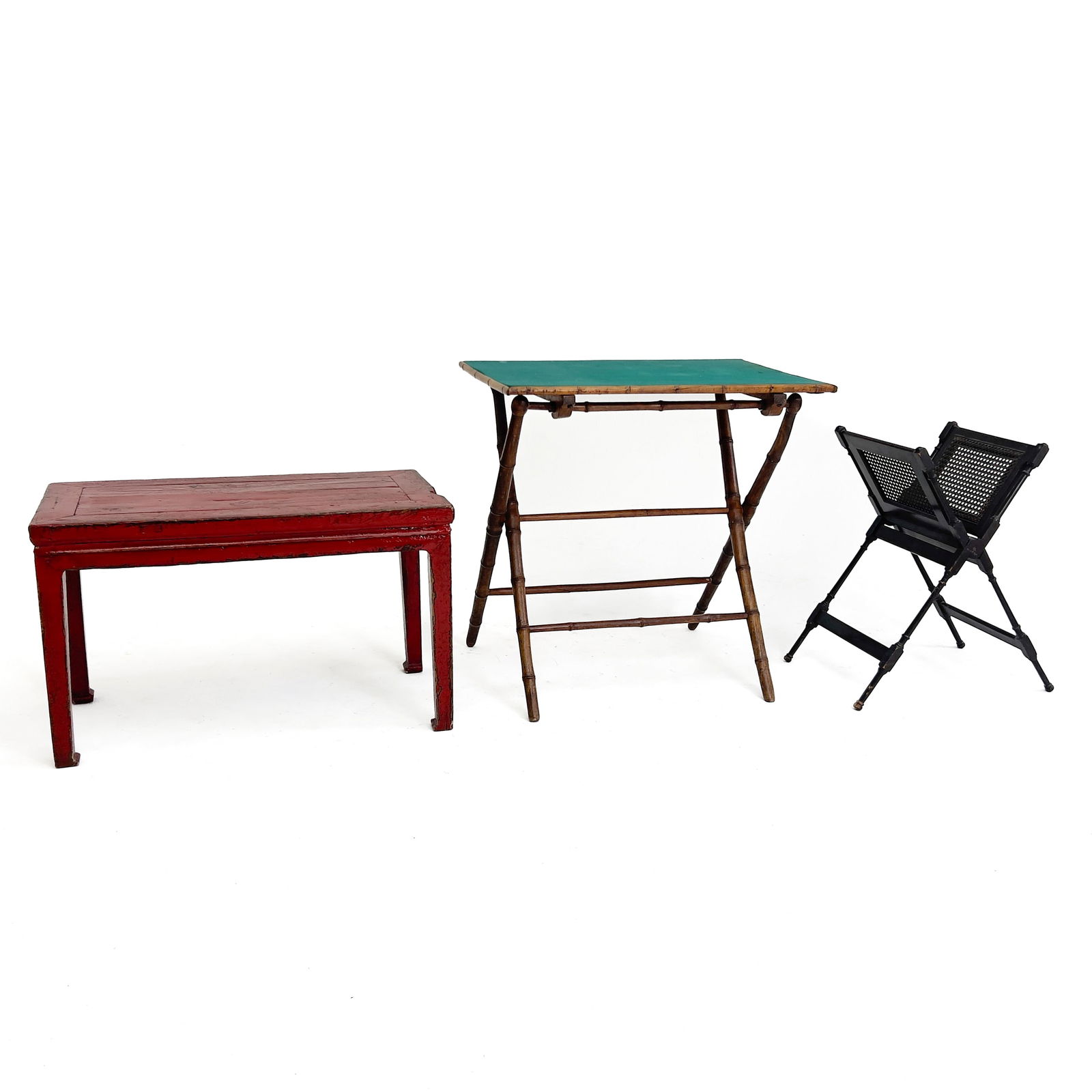 Antique Bamboo Table, Chinese Bench and Cane Magazine Rack, Group of 3 (1 of 3)