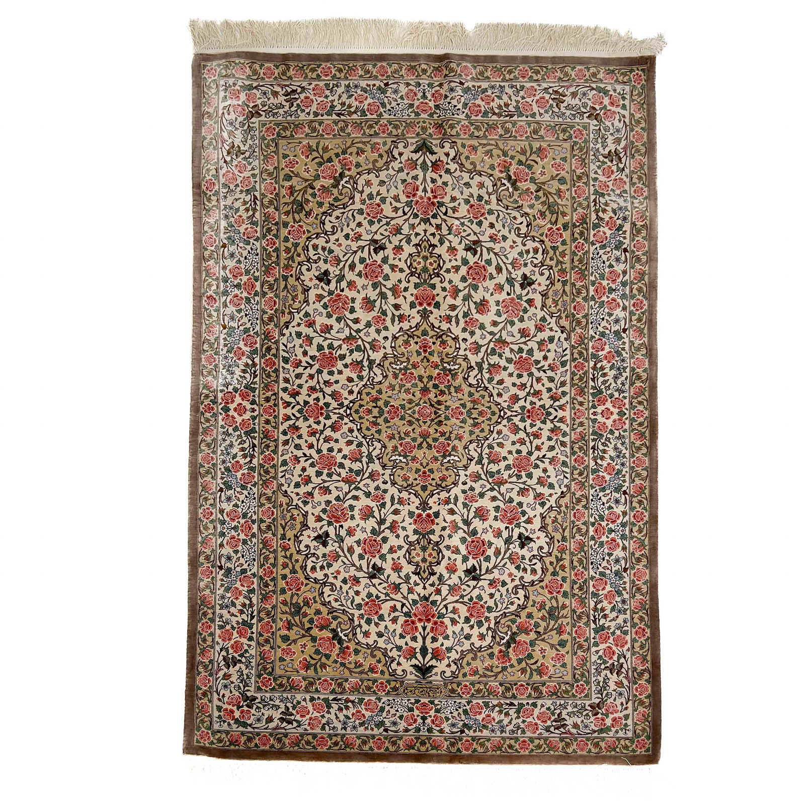 Persian Qum Silk Rug: Lot 180 Persian Qum Silk Rug Qum carpet, with central medallion and elaborate all over floral motif, silk pile, hand knotted with high density dimensions: 4 ft 11 3/4 in x 3 ft 2 3/4 in. Provenance: