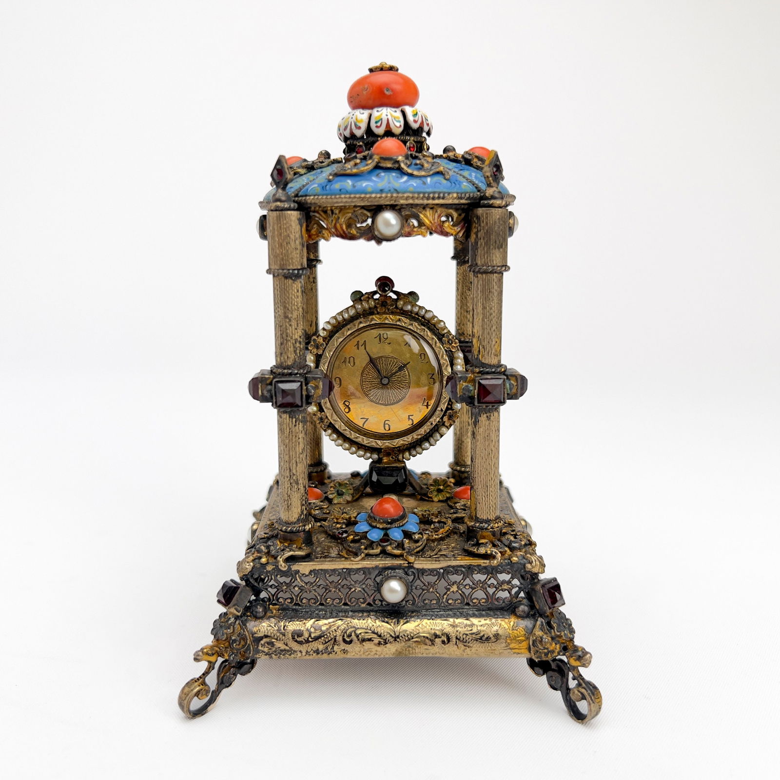 Viennese Gemstone Encrusted Silver Boudoir Clock (1 of 7)